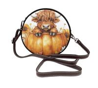 Highland Cow In Pumpkin Flowers - Bolso cruzado redondo de piel para mujer