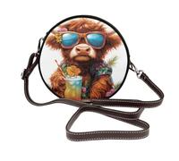 Highland Cow In Summer Beach Outfit - Bolso cruzado redondo de piel para mujer