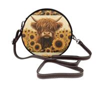 Highland Cow In Sunflowers Field - Bolso cruzado redondo de piel para mujer