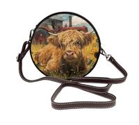 Highland Cow In Yellow Field - Bolso cruzado redondo de piel para mujer