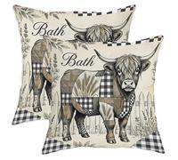 Highland Cow - Juego de 2 fundas de almohada rústicas a cuadros de trigo sin color negro con detalles de cremallera oculta, fundas de almohada para sala de estar, apartamento, cama, sofá, decoración