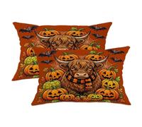 Highland Cow - Juego de 2 fundas de cojín con diseño de calabazas y murciélagos de temporada para Halloween, color naranja con cremallera oculta, fundas de cojín para sala de estar, cama, oficina