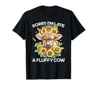Highland Cow Sorry Im Late I Saw A Fluffy Cow mujeres hombres Granja Camiseta