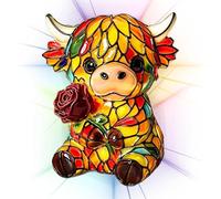 Highland Cow Stained Glass Style Resin LED Night Light - 8x10x12.5cm Bedside Table Lamp 248g Decorative Animal Figurine Lamp For Bedroom Living Room And Kids Room Ambient Lighting Decor Accent Light