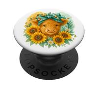 Highland Cow Sunflower Watercolor with Teal Bow PopSockets PopGrip Adhesivo