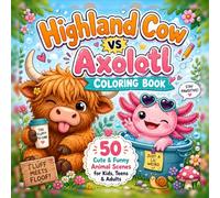 Highland Cow vs Axolotl Coloring Book: 50 Cute And Funny Animal Scenes for Kids and Adults / Single-Sided Black Pages to Prevent Bleed-Through