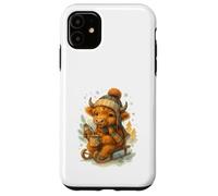 Highland Cow Winter Watercolor On Sled with Hot Cocoa Carcasa para iPhone 11