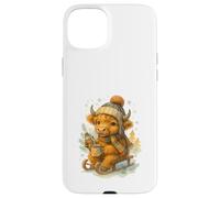 Highland Cow Winter Watercolor On Sled with Hot Cocoa Carcasa para iPhone 15 Plus