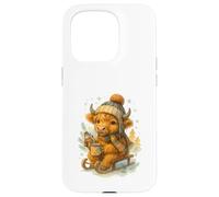 Highland Cow Winter Watercolor On Sled with Hot Cocoa Carcasa para iPhone 15 Pro