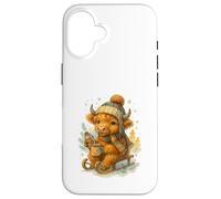 Highland Cow Winter Watercolor On Sled with Hot Cocoa Carcasa para iPhone 16