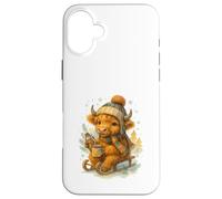 Highland Cow Winter Watercolor On Sled with Hot Cocoa Carcasa para iPhone 16 Plus