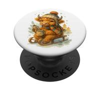 Highland Cow Winter Watercolor On Sled with Hot Cocoa PopSockets PopGrip Adhesivo