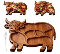 Highland Cow Wooden Charcuterie Board, Cute Cow Shaped Food Serving Tray with Compartments, Unique Cattle Shaped Rustic Farmhouse Appetizer Platter for Meat Cheese Fruit Snacks