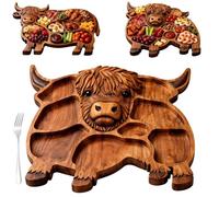 Highland Cow Wooden Charcuterie Board, Cute Cow Shaped Food Serving Tray with Compartments, Unique Cattle Shaped Rustic Farmhouse Appetizer Platter for Meat Cheese Fruit Snacks
