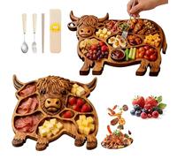 Highland Cow Wooden Charcuterie Board, Highland Cow Charcuterie Board, Wooden Cows Food Platter, Rustic Farmhouse Serving Boards with Compartments, for Cheese, Meat, Fruit & Snacks (Mix)