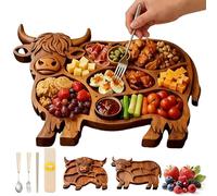 Highland Cow Wooden Charcuterie Board, Highland Cow Charcuterie Board, Wooden Cows Food Platter, Rustic Farmhouse Serving Boards with Compartments, for Cheese, Meat, Fruit & Snacks (A)