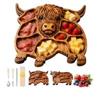 Highland Cow Wooden Charcuterie Board, Highland Cow Charcuterie Board, Wooden Cows Food Platter, Rustic Farmhouse Serving Boards with Compartments, for Cheese, Meat, Fruit & Snacks (B)