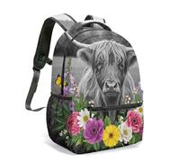 Highland - Mochila de 16 pulgadas con diseño de vaca, girasol, mariposa, vibrante ilustración pastoral, floral, naturaleza, estampado animal, mochila de arte completo 360, 10, L, Casual