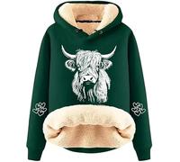 Highland Vaca Capucha Mujeres Western Country Ganado 3D Impresión Sudadera Cordón Forro Polar Sherpa Forrado Manga Larga Pullover Top