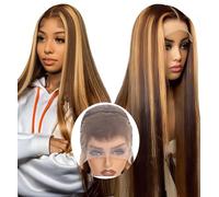Highlight Ombre Lace Front Wig Human Hair 26inch 180% Density 13x4 Full Frontal HD Transparent Lace Pre Plucked Straight Lace Front Wig Human Hair Brown Colored Honey Blonde Lace Front Wig Human Hair
