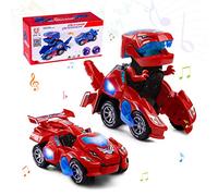 Highttoy Coche Convertible En Dinosaurio Juguetes Niños 3 4 5 6 Años, Coche Dinosaurio Transformable Automático con Luces y Música, Regalos para Niños Niñas de 3 Años, Rojo