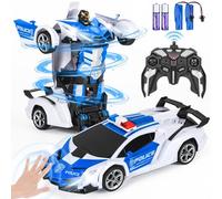 Highttoy Coche Policia Teledirigido Robot Niños con Detección Gestos, Luz y Música, 2.4GHz 1:18 Transformador Coche RC Rotación Volteo de 360° Robot Juguetes Niños 3 4 5 6 7 8 Años Regalo, Blanco