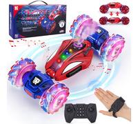 Highttoy Coche Teledirigido Niños,Coche Acrobacia Teledirigido 4WD Rotación Volteo de 360° Coche Drift Control Gestual con Spray, Música y Luces Juguetes Niños 6 7 8 9 10 Años Regalo Niño Niña, Rojo