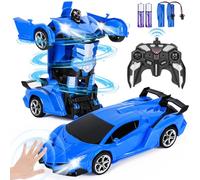Highttoy Coche Teledirigido Robot Niños con Detección Gestos, Luz y Música, 2.4GHz 1:18 Coche Transformador Rotación Volteo de 360° Robot Juguetes Niños 3 4 5 6 7 8 Años, Azul