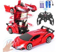 Highttoy Coche Teledirigido Robot Niños con Detección Gestos, Luz y Música, 2.4GHz 1:18 Transformador Juguete Coche RC Rotación Volteo de 360° Robot Juguetes Niños 3 4 5 6 7 8 Años Regalo, Rojo