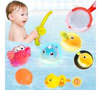 Highttoy Juguetes Baño Bebe, 7 Piezas Juego de Pesca con 3 Juguetes Baño Pesca Luminosos/Pato Nadador Viento/Red de Pesca/Caña de Pescar/Bola de Chorro, Juguetes Bañera Flotantes para Bebés Niños