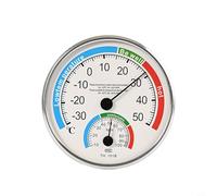 Higrómetro para interiores y exteriores con escalas analógicas duales que muestran la temperatura en tiempo real en C y humedad relativa en porcentaje simultáneamente