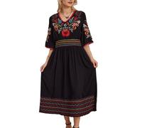 Higustar Vestidos Bordados Mexicanos para Mujer, Estilo Bohemio, Campesino, Tradicional, Fiesta, Bohemio, Floral, Vestido Largo, Negro 13, XL