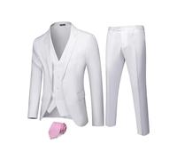 Hihawk Traje de 3 piezas para hombre con tela elástica, color sólido, ajustado, conjunto de blazer de un botón, chaqueta chaleco pantalones con corbata., Blanco puro, XX-Large