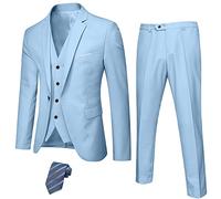 Hihawk Traje de 3 piezas para hombre con tela elástica, conjunto de blazer de un botón, chaqueta y chaleco con corbata, color cielo, talla XS, Cielo, X-Small