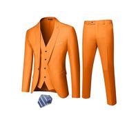 Hihawk Traje de 3 piezas para hombre con tela elástica, sólido ajuste delgado, un botón, chaqueta y pantalones con corbata., Naranja, XX-Large