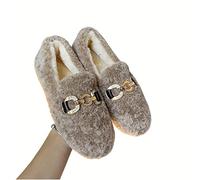 HIHELO Zapatos de felpa para mujer, zapatos de lana de cordero sintética, zapatillas de invierno de felpa para mujer, mocasines rizados, peludos, enredaderas para mujer, talla grande, caqui, 36