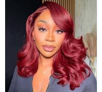 Hihmarm - Pelucas de cabello humano ondulado con encaje frontal HD de 13 x 4 pulgadas, color rojo, sin pegamento, línea capilar natural, 16 pulgadas, densidad del 180 %, color borgoña 99j