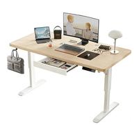 HIHOBDAY Escritorio eléctrico de pie de 120 x 60 cm (madera de adelfa de 18 mm), escritorio de altura ajustable con 3 ajustes preestablecidos de memoria, cajón y bolsa de almacenamiento lateral
