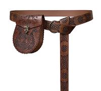 HiiFeuer Cinturón medieval con anilla en relieve y riñonera nórdica en relieve, Cinturón de cuero de imitación de la vendimia y la bolsa de cinturón para LARP Set (Marrón A)