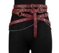 HiiFeuer Cinturón medieval de cadena de metal de piel sintética, cinturón delgado ajustable vintage para mujer, cinturón delgado retro para vestidos, Rojo A, Talla única