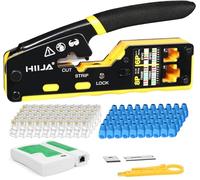 Hiija Kit Crimpadora RJ45 Cat6 Cat5e Cat5 con Comprobador de Cable, Alicates Ethernet 3 en 1 con Pelacables, 50 Conectores Pasantes RJ45 Cat6 y Fundas para Reparación de Redes LAN