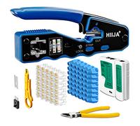 Hiija Kit Crimpadora RJ45 Pasante para Cable Ethernet Cat6 Cat5E Cat5, Alicates de Terminales RJ45 con 50 Conectores Pasantes CAT6 y Fundas, Comprobador Tester RJ45