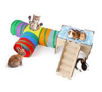 hiimalex Caja de regalo de conejo: castillo de conejo con rampa, cama de felpa, túnel colorido para conejos de interior para jugar, esconder casa con escaleras, tubo, cama de felpa para conejos,