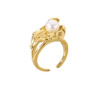 HIJONES Anillo Flor con Pétalos y Perlas Imitación Anillo Delicado Estiloso Minimalista para Diario, Fiesta y Boda Oro Talla 19