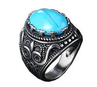 HIJONES Clásico Lujo Oval Azul Turquesa Piedras Anillo para Hombres Acero Inoxidable Gótico Tallado Patrón Plata Talla 19