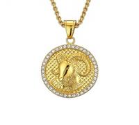 HIJONES Collar Hombre Mujer Acero Inoxidable Collar Moneda Grabada Signo Zodiacal Zircón Astrología Horóscopo Dije Oro Aries