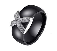 HIJONES Elegante Cristal Anillo de Cerámica para Mujer Chicas Acero Inoxidable con Zirconia Cúbica Anillos de Boda Nupcial Negro Tamaño 27