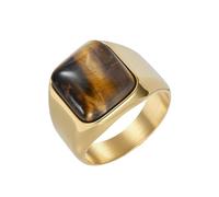 HIJONES Hombre Acero Inoxidable Banda de Declaración Cuadrada de Ojo de Tigre Única Pulida Anillo de Boda Dorado Piedra Marrón Talla 29
