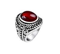 HIJONES Hombre Acero Inoxidable Piedra Redonda Trigo Cuerda Retorcido Grabado Macizo Anillo Biker Plata Piedra Roja Talla 25
