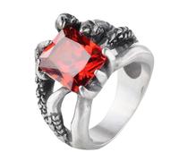 HIJONES Hombres Acero Inoxidable Anillo de Gemas Cuadradas con Envoltura de Garra de Monstruo Joyería de dedo de Motociclista Hueca Gótica Piedra Roja Plateada Talla 14